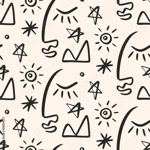 One line drawing abstract face seamless pattern