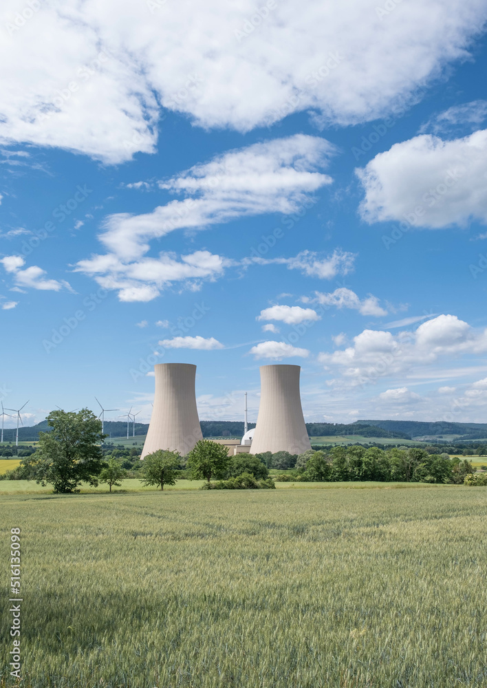 Green landscape and nuclear power plant