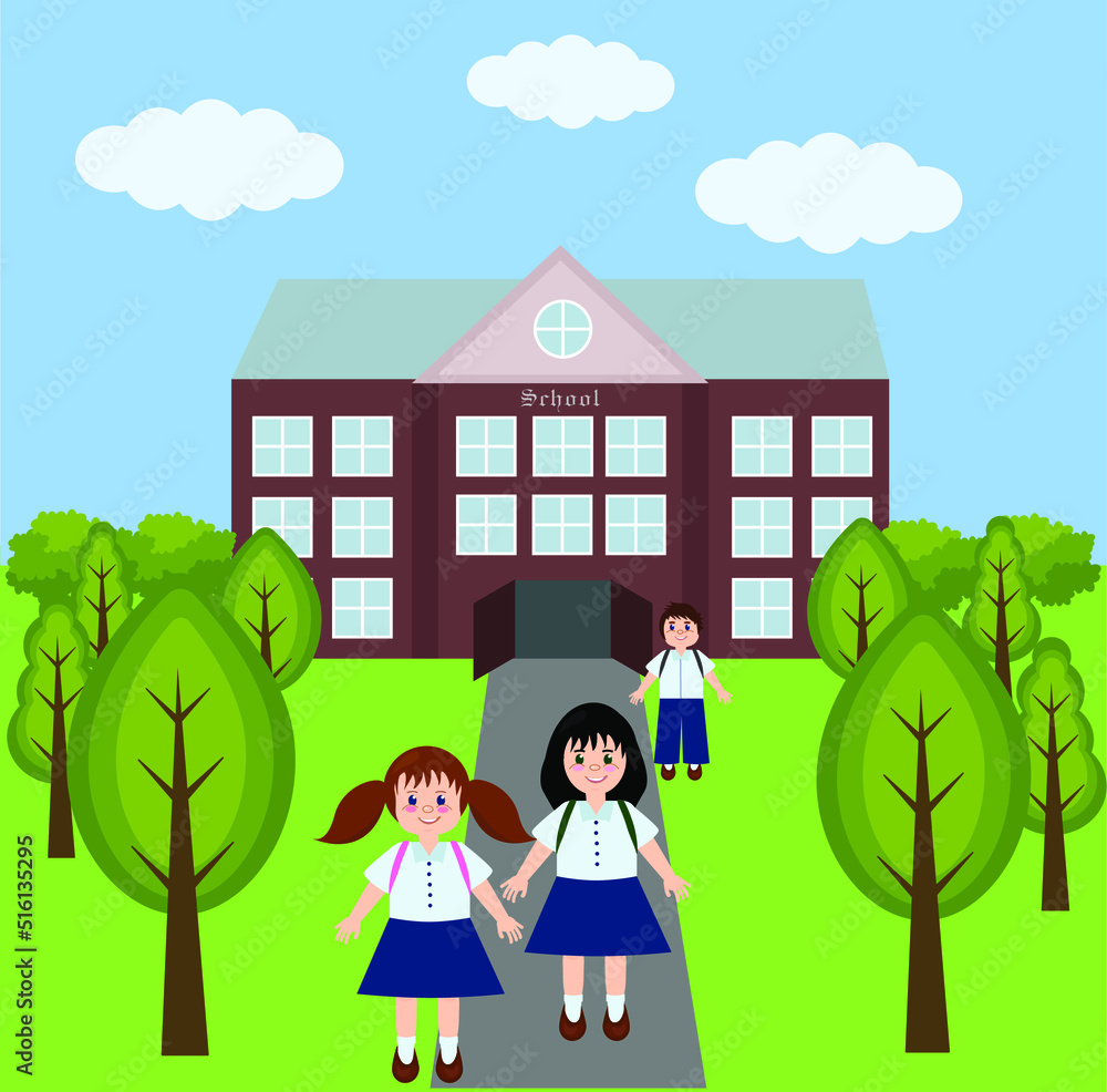 School and school yard with pupils. Girls and a boy going from school. Private school. State school. First day at school.