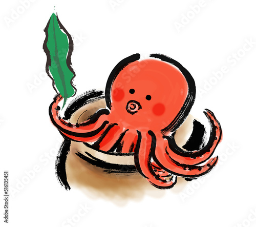 タコとツボ　　和風手描き筆描きイラスト素材