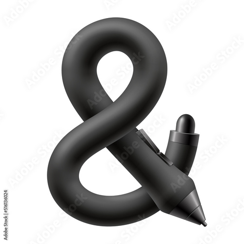 Ampersand sign made up of curved stylus pen for graphic tablet. Vector realistic isolated illustration.