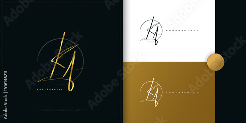 KA Initial Signature Logo Design with Elegant and Minimalist Gold Handwriting Style. Initial K and A Logo Design for Wedding, Fashion, Jewelry, Boutique and Business Brand Identity photo