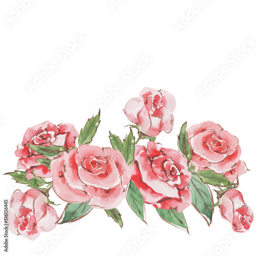 Floral arrangement of pink roses with buds, green leaves. Lovely bridal bouquet. Hand drawn watercolor illustration isolated on white background for wedding invitations, packaging, label, card.