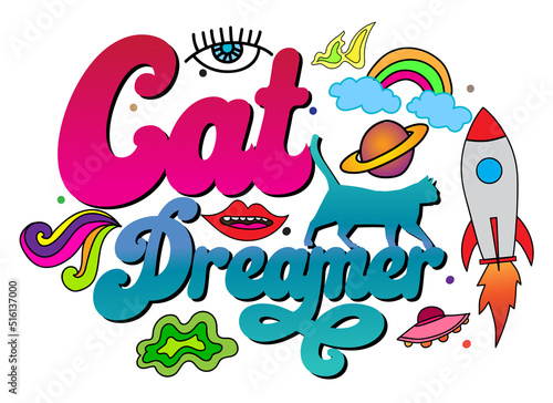 Cat dreamer - colorful funny cat with dream walking in the sky.