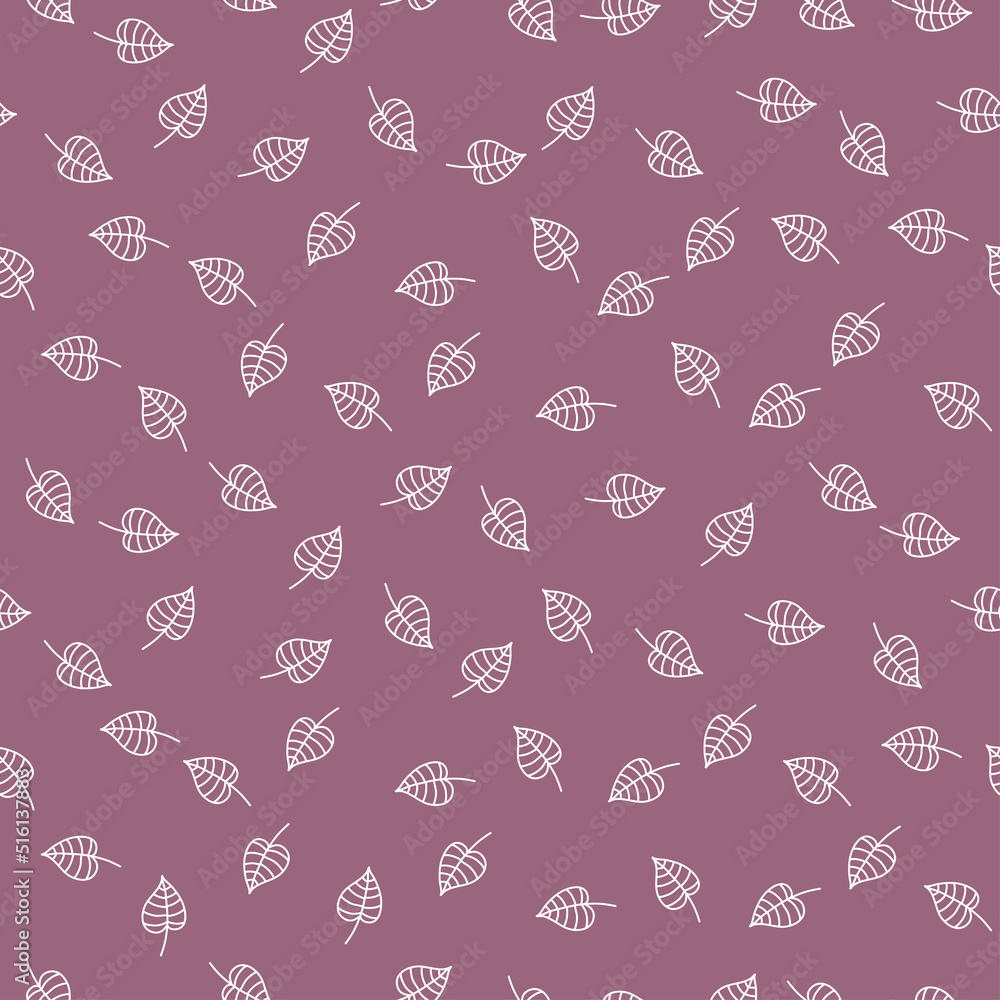 Purple seamless pattern with white leaves.