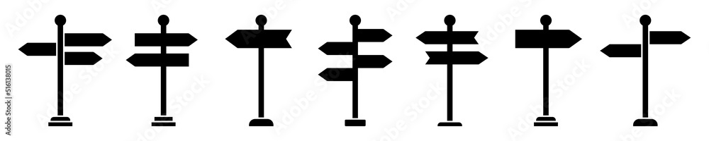 Set with black signpost vector icons on white background. Direction road or street sign. Guidepost or way arrow. Set with black signpost vector icons on white background. Direction road or street sign. Guidepost or way arrow.