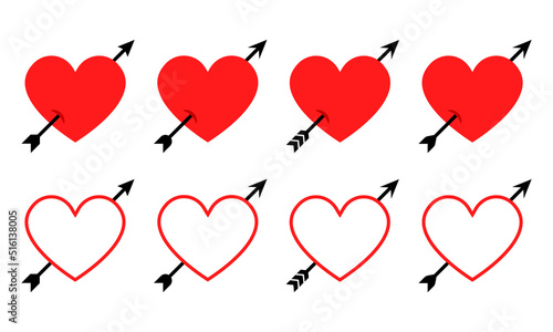 Set with through pierced heart. Heart and arrows vector icons. Valentine day. Symbol lovestruck.