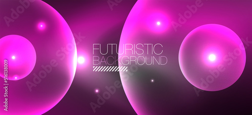 Shiny neon geometric abstract background. Glowing lights on round shapes, triangles and circles. Wallpaper for concept of AI technology, blockchain, communication, 5G, science, business