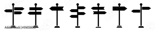 Set with black signpost vector icons on white background. Direction road or street sign. Guidepost or way arrow.