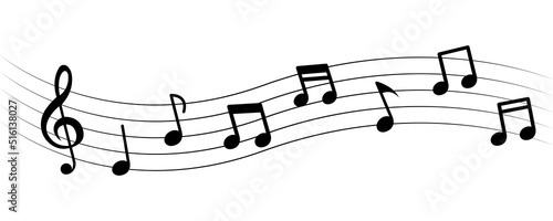 Music notes on white background. Musical notes on sheet. Clef key. Melody for piano, flute or violin. Music school or conservatory.