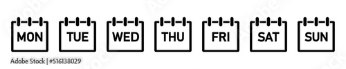 Set of calendar days of the week icons on white background. Days from Monday to Sunday.  Organizer or reminder on event.