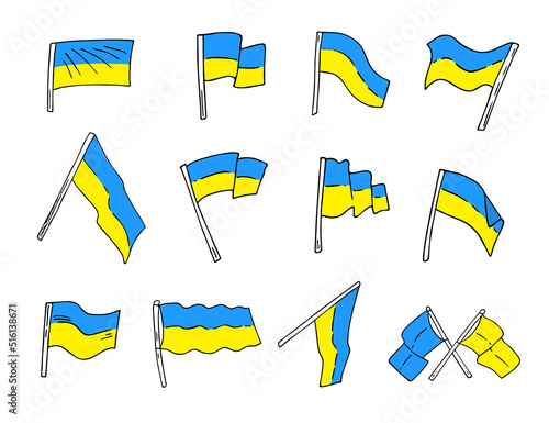 Hand drawn flags set doodle style, Ukraine national patriotic signs.Minimalistic simple drawing, quick painted. Sketch blue-yellow banners for Independence day.Isolated. Vector illustration