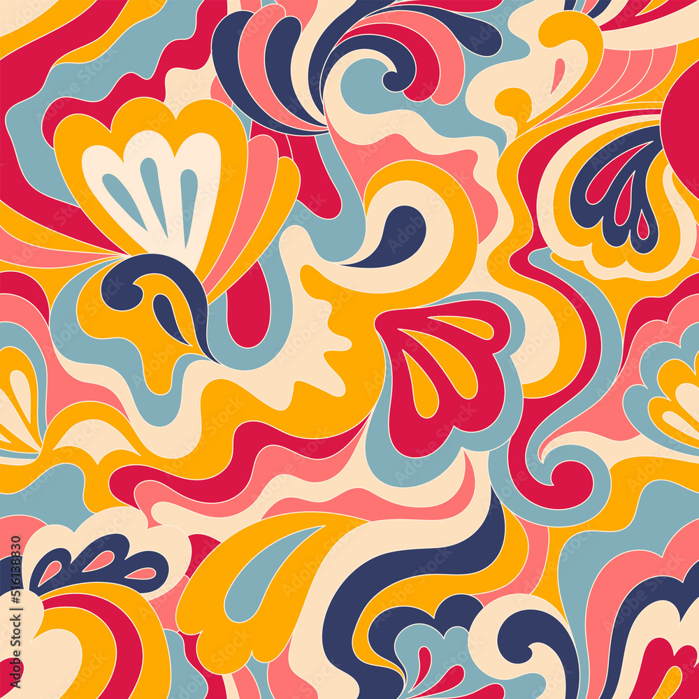 Hippie psychedelic seamless pattern. Vector nostalgic retro 60s groovy print. Vintage wavy background. Textile and surface design with old fashioned hand drawn naive geometric print Hippie psychedelic seamless pattern. Vector nostalgic retro 60s groovy print. Vintage wavy background. Textile and surface design with old fashioned hand drawn naive geometric print
