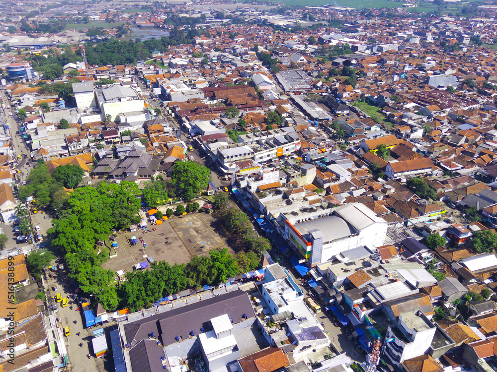 Aerial photography a sports field in a city square in Majalaya, Indonesia