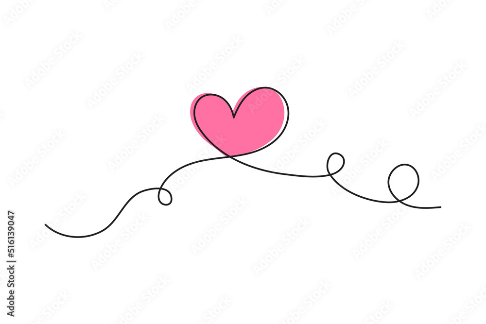 Heart one line art, hand drawn continuous contour. Romantic symbol for February 14. Simple minimalist design. Editable stroke. Isolated. Vector illustration