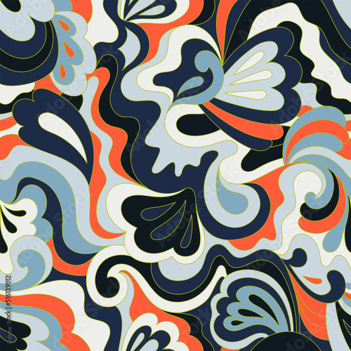 Hippie psychedelic seamless pattern. Vector nostalgic retro 60s groovy print. Vintage wavy background. Textile and surface design with old fashioned hand drawn naive geometric print