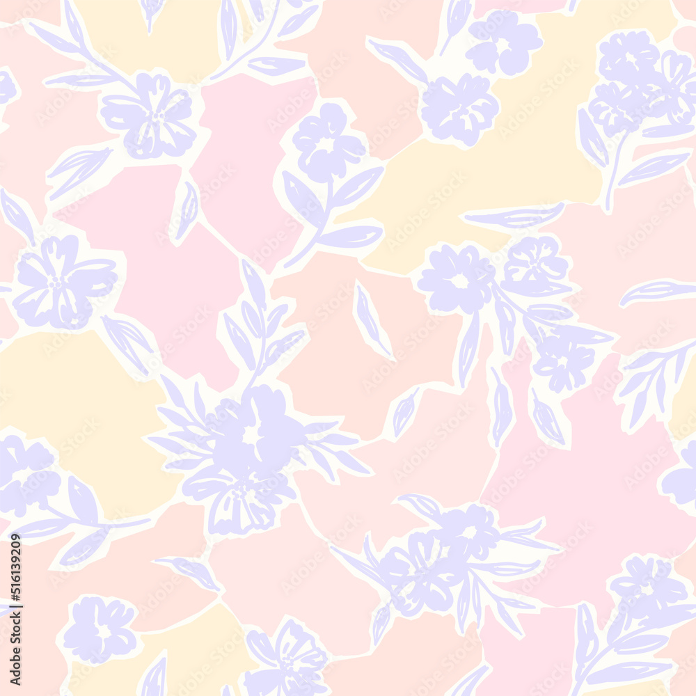 Botanical vector background with painted flowers. Hand drawn meadow wallpaper. Floral kintsugi styled seamless pattern. Craftdrawn retro fashion print for fabric, paper, home textile and goods.