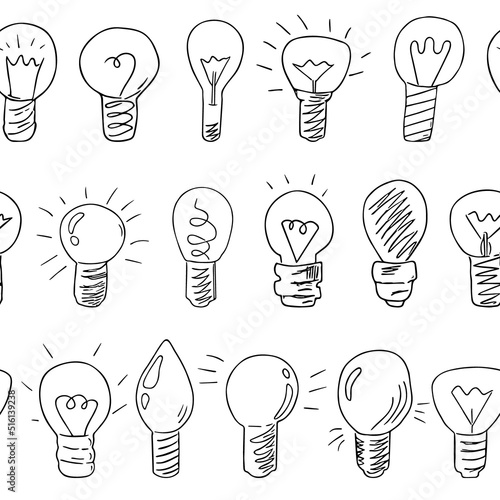 Seamless pattern with doodle lightbulbs,hand drawn electric devices endless background.Sketch,freehand minimalistic design.Isolated.Vector illustration
