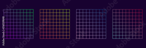 Distorted Grid Square Neon Pattern. Trendy retro 1980s, 90s style. Wave Ripple Perspective Square. Warp Futuristic Geometric Square Glitch. Abstract Modern Design. Isolated Vector Illustration