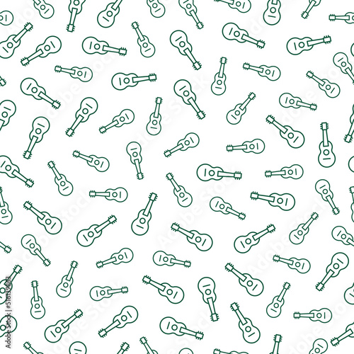 White seamless pattern with green outline ukulele.
