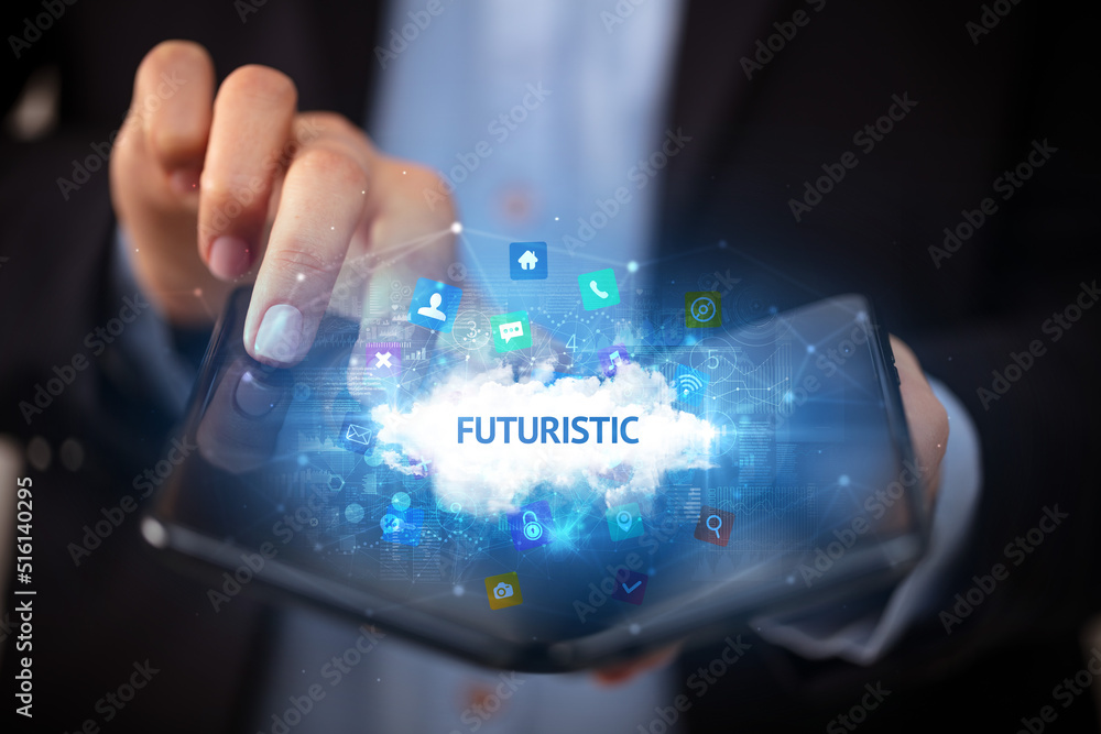 Businessman holding a foldable smartphone, technology concept Businessman holding a foldable smartphone, technology concept