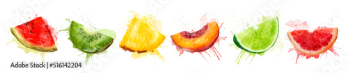 Set of watercolor fresh summer illustrations of kiwi, watermelon, peach, pineapple, lime and grapefruit. Isolated illustrations on a white background, for postcards, patterns, and text