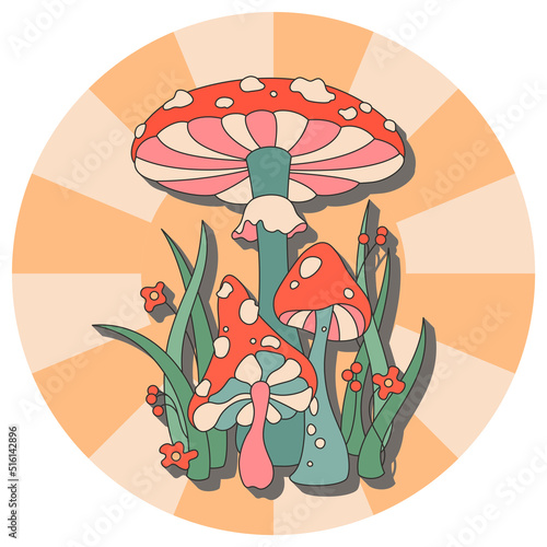 Vector color illustration of mushrooms fly agarics, toadstools, herbs and flowers in the colors of 1970