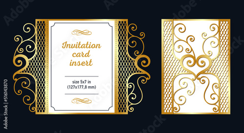 Laser cut gate fold for wedding invitation card insert. Сomposition with stylized love heart and decorative lattice. Card aspect ratio 5x7 (scalable)  


