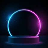 Blank scene with glowing and sparkling purple and blue neon frame. 3d podium to display your brand. Pedestal for your mockup. Abstract background. Vector illustration