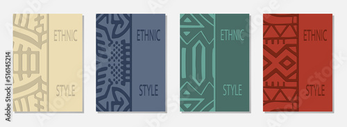 Cover set, vertical vector templates. Collection of backgrounds with 3d geometric minimalist pattern, doodling. Tribal ethnic style of East, Asia, India, Mexico, Aztecs, Peru.