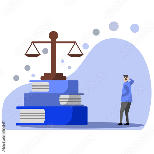 Concept of Law and Justice. Scales of justice, article books and laws. Supreme Court. Modern flat cartoon style. Vector illustration