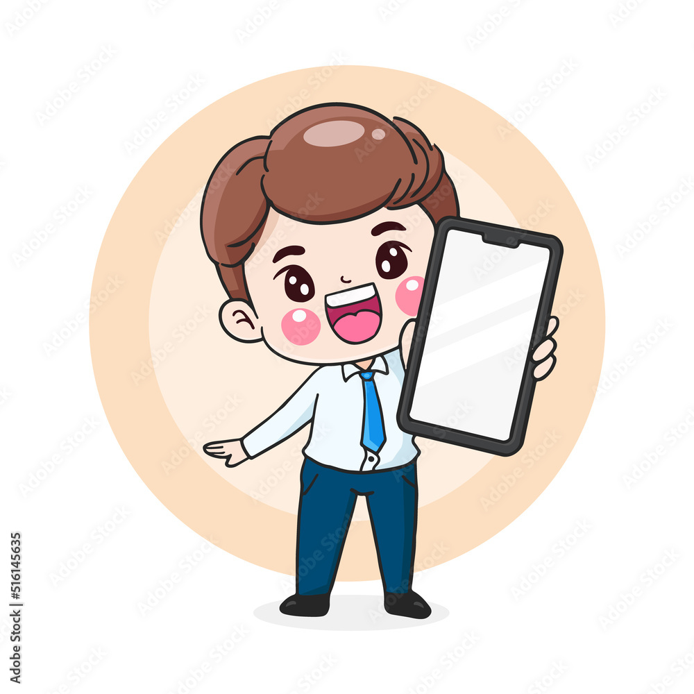 cartoon character businessman holding mobile phone, smart phone, flat illustration cartoon character businessman holding mobile phone, smart phone, flat illustration
