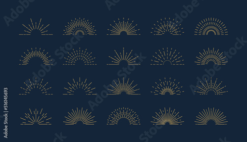 Golden sunburst. Vector set of light rays, linear drawing sunburst, rays of sun, firework explosion, stars. Vintage collection sunset beams for web design, logo, banner, emblem. Bursting rays sunrise