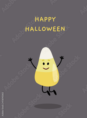 Happy Halloween Candy Corn card. Candy jumping. Flat, cartoon, vector