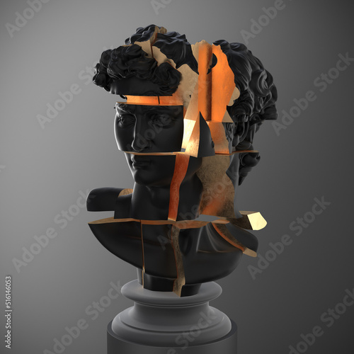 Abstract illustration from 3D rendering of a mat black bust of male classical sculpture head golden inside, cut into blocks and pieces on a pedestal and isolated on dark gray background.