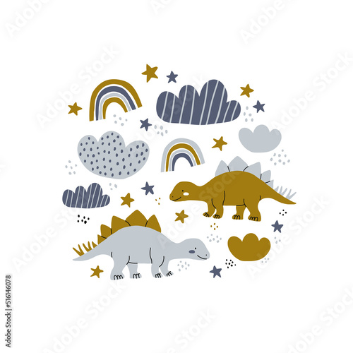 Poster spot illustration with dinosaurs, rainbows, clouds on white. Baby boy dino poster design