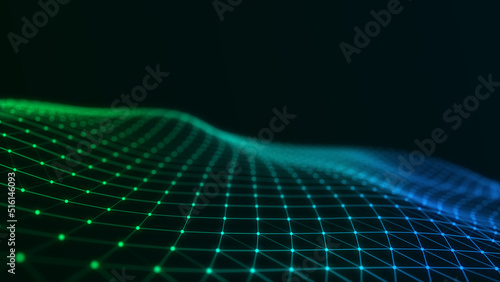 Fototapeta Naklejka Na Ścianę i Meble -  Digital technology wave. Dark cyberspace with motion dots and lines. Futuristic digital background. Big data analytics. 3d rendering.