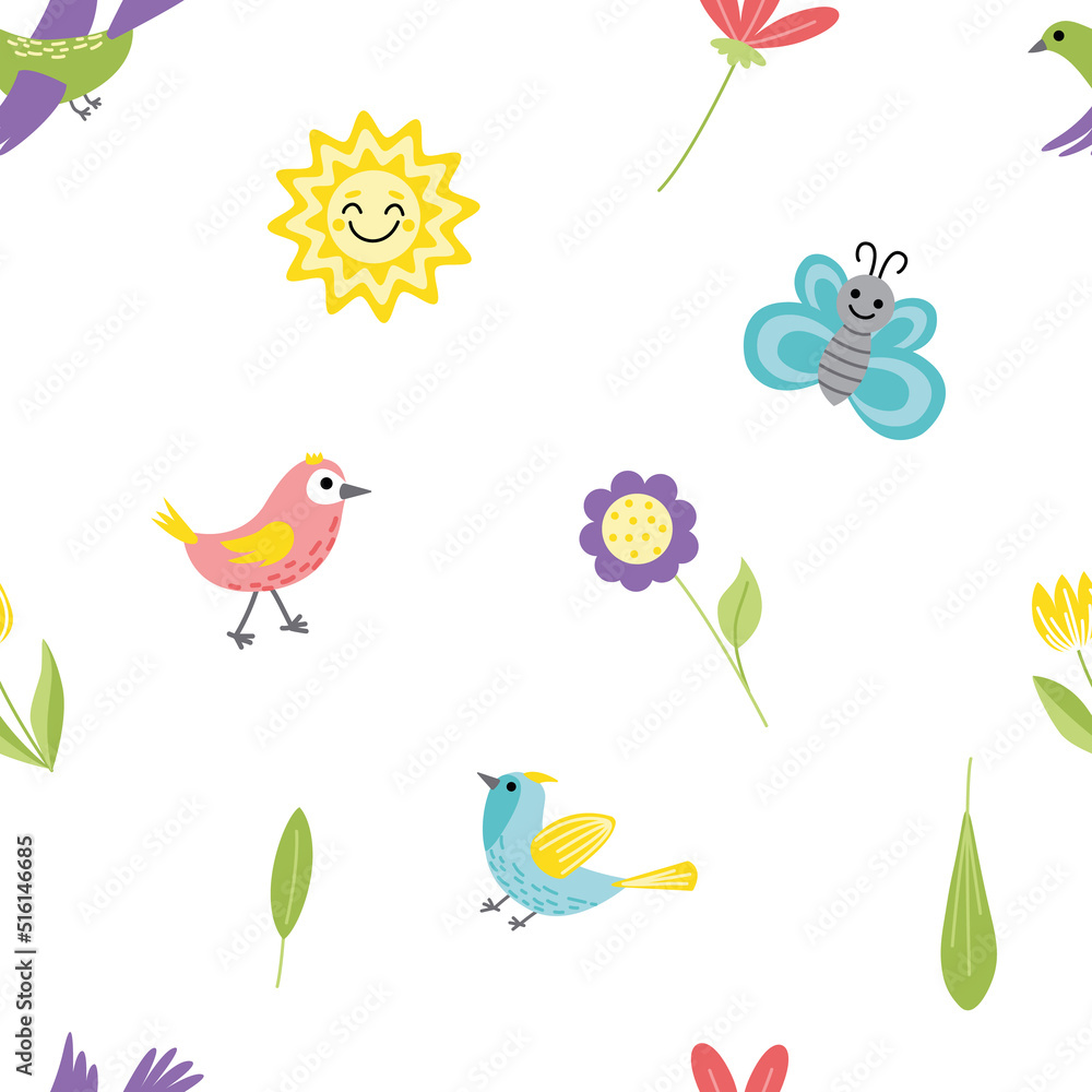 Jolly summer seamless pattern. Bird, sun, flower, butterfly. Flat, cartoon, vector