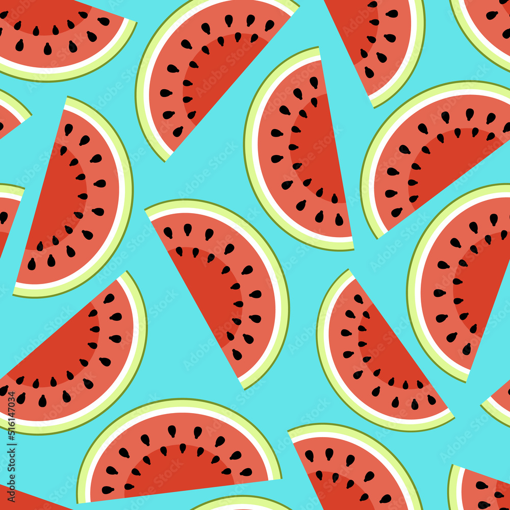 Watermelon half pieces seamless pattern. Cut watermelon, piece, half on blue. Flat, vector Watermelon half pieces seamless pattern. Cut watermelon, piece, half on blue. Flat, vector