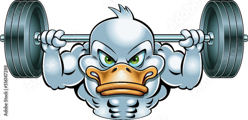 Cartoon style body builder weight lifting duck