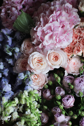 floral background, floral pattern. Garden roses, hydrangeas and other flowers