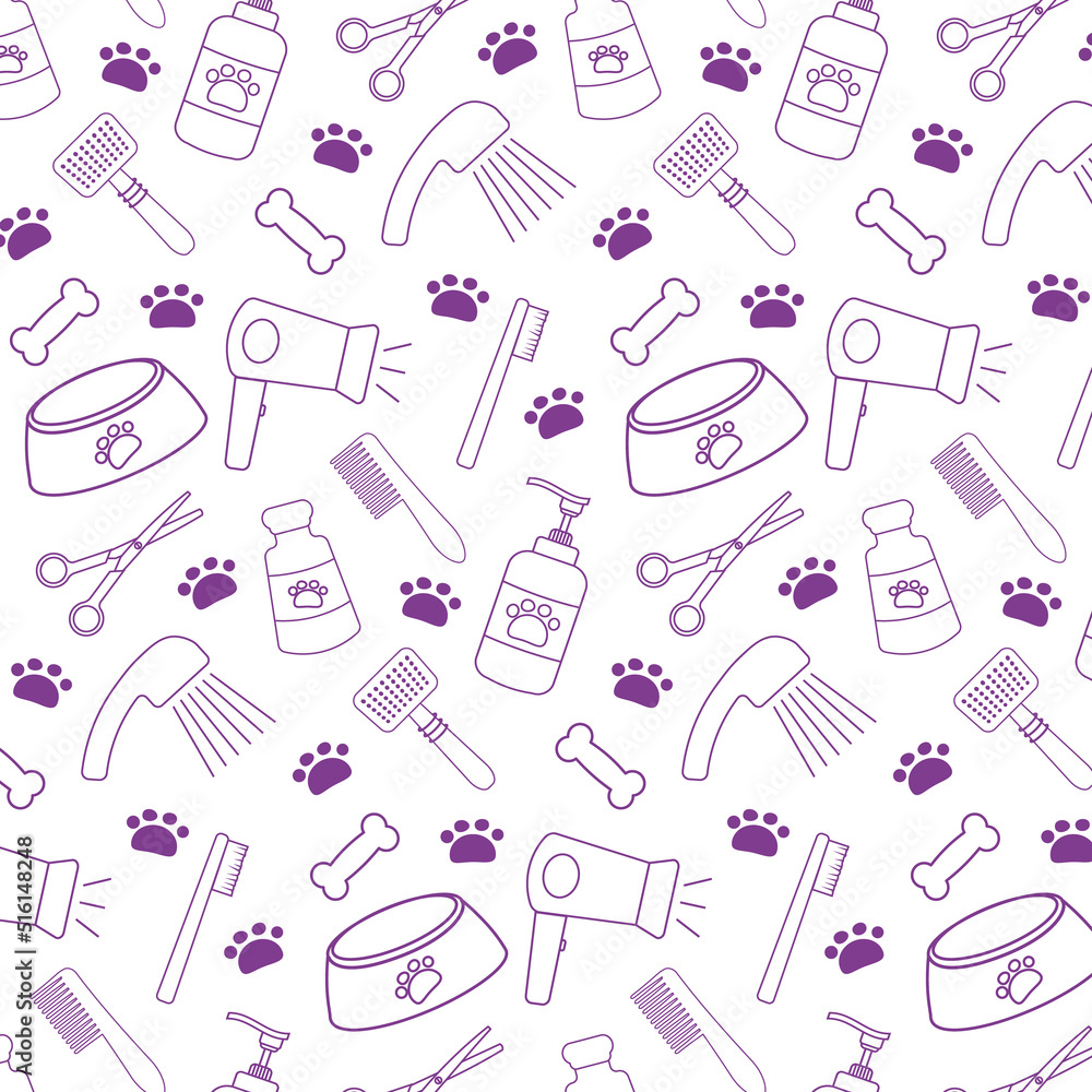 Vector seamless pattern illustration grooming salon for Dogs Animal background. Pet shop, Design for fabric print Vector seamless pattern illustration grooming salon for Dogs Animal background. Pet shop, Design for fabric print