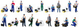 Collage with photos of plumbers on white background. Banner design