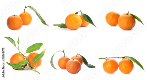 Set with tasty ripe tangerines on white background