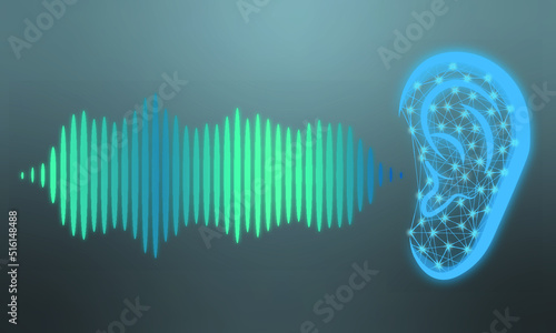 Illustration of human ear and sound wave on grey background