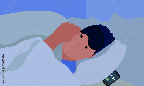 Tired man suffering from insomnia in bed at night, vector illustration. Sleep disorder