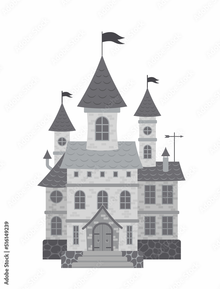 Castle. Medieval grey castle. Flat, cartoon, vector