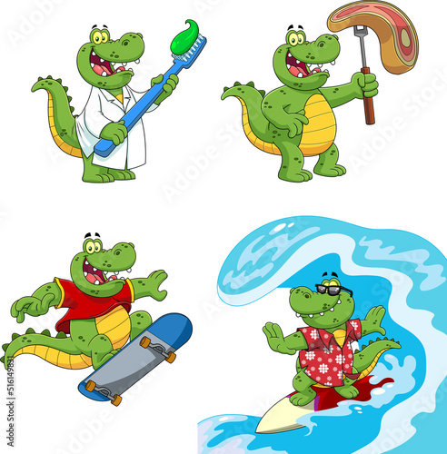 Alligator Or Crocodile Cartoon Character Different Poses. Vector Hand Drawn Collection Set Isolated On White Background
