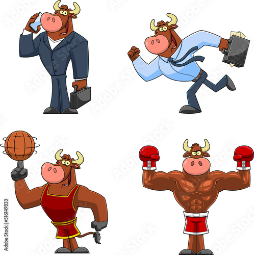 Bull Cartoon Mascot Character Different Poses. Vector Hand Drawn Collection Set Isolated On White Background
