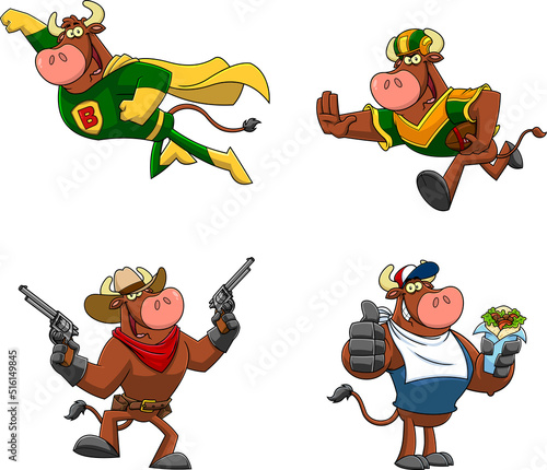 Bull Cartoon Mascot Character Different Poses. Vector Hand Drawn Collection Set Isolated On White Background